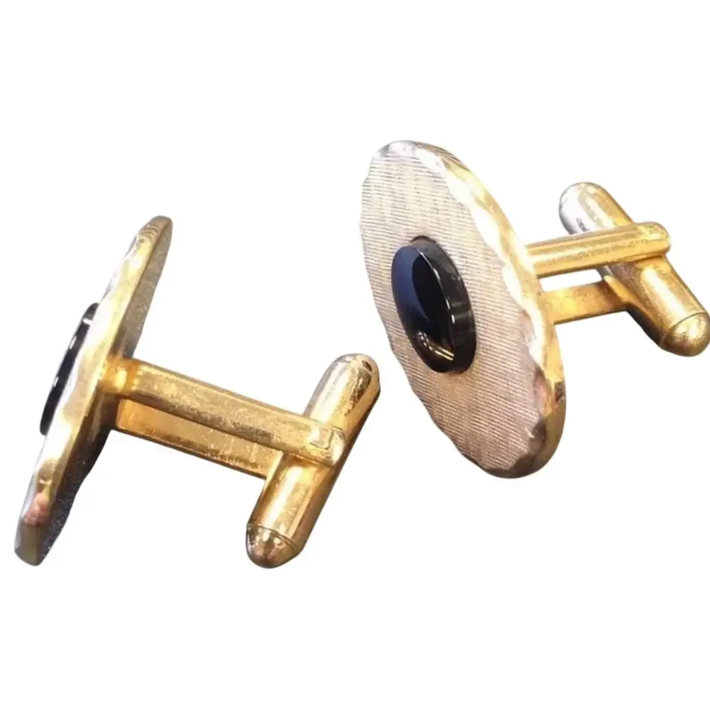 Vintage Dante signed Cufflinks textured silver on gold ovals black onyx centers